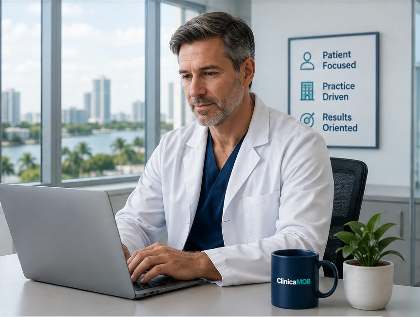 Physician reviewing medical office space options on a laptop