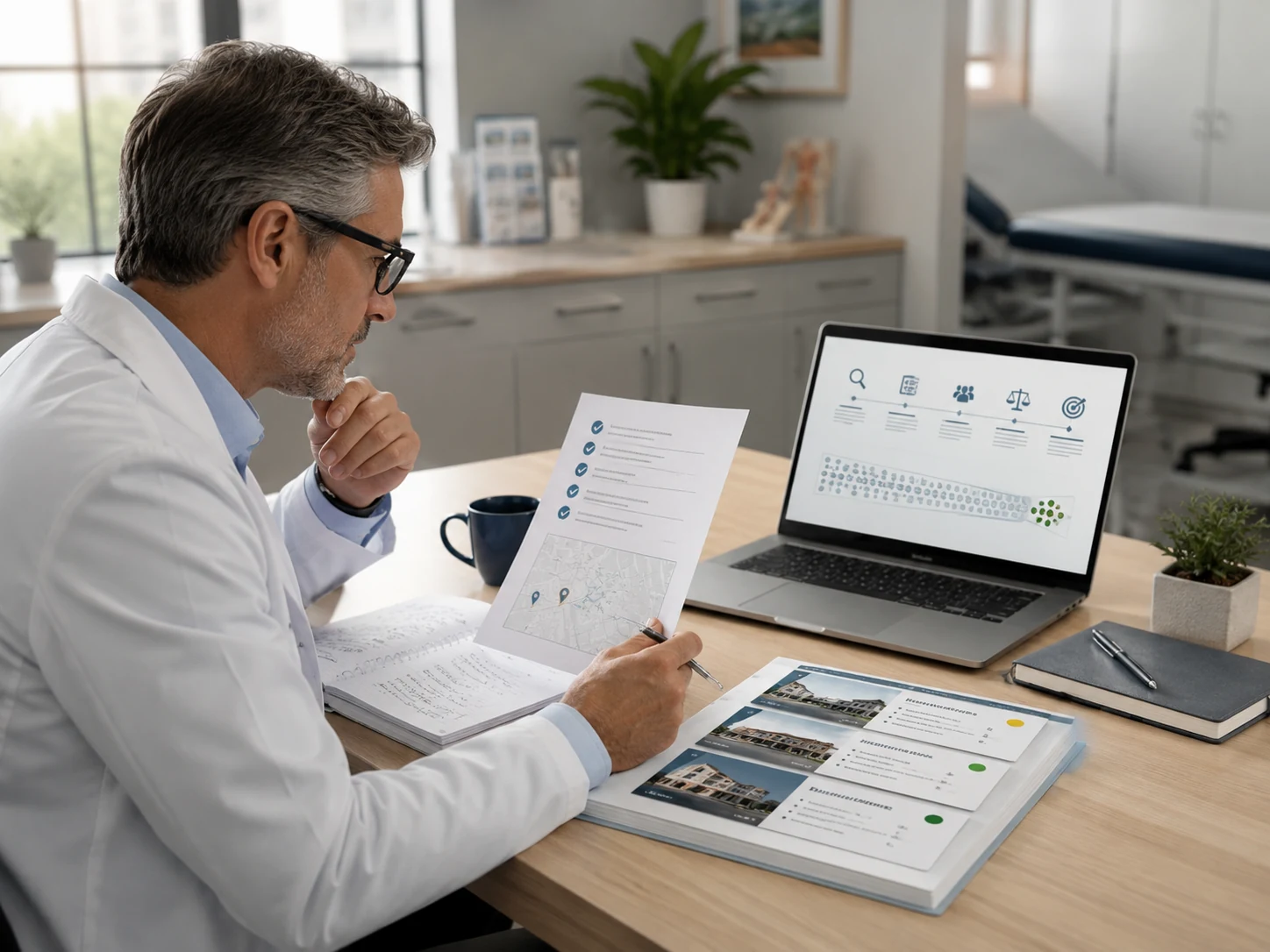 Physician reviewing a focused shortlist of medical office options and search criteria